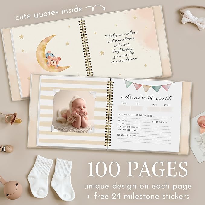 Elegant Design Baby Memory Book for Boy or Girl, Baby 5 Years Journal with Keepsake Sleeve, First Time Mom must have with 24 Baby Milestone Stickers, Scrapbook or Photo Album.