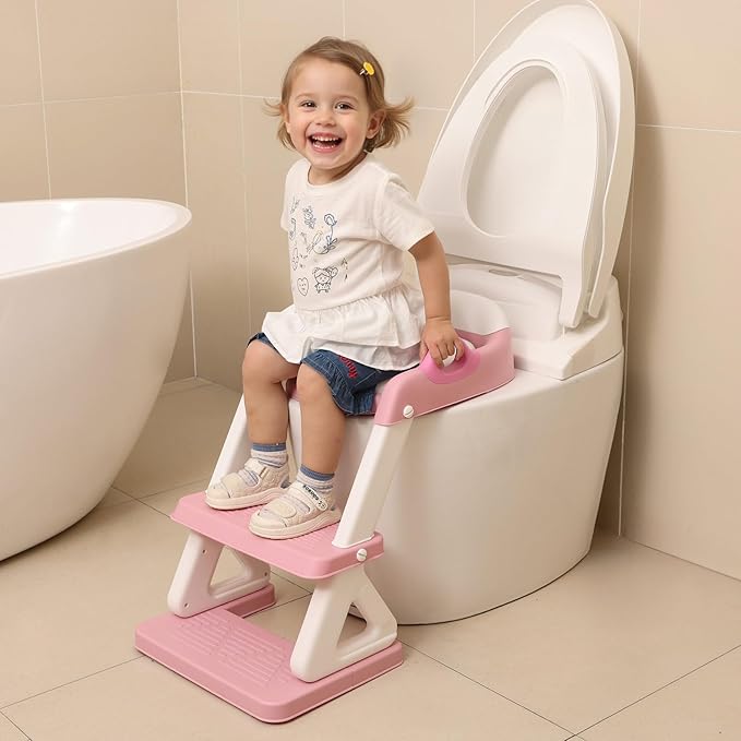 Potty Training Toilet Seat with Step Stool Ladder for Boys and Girls, 2 in 1 Potty Training Toilet, Splash Guard Anti-Slip Pad Step Stool （Pink) Pedal Upgrade