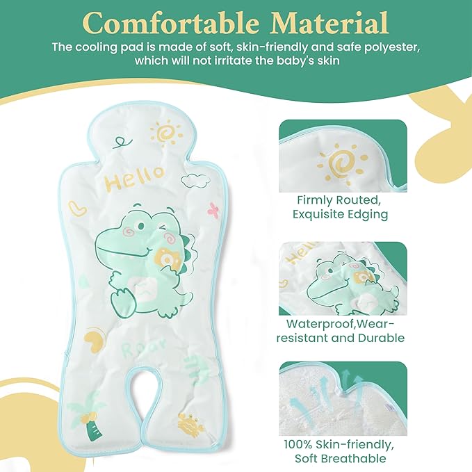 HRPR Car Seat Cooling Pad for Babies & Toddlers | Non Toxic, Soft, Breathable Cooling Mat for Car Seats, Strollers, Cribs | Lightweight, Foldable, Easy Clean Toddler & Infant Cooling Pad (Dinosaur)