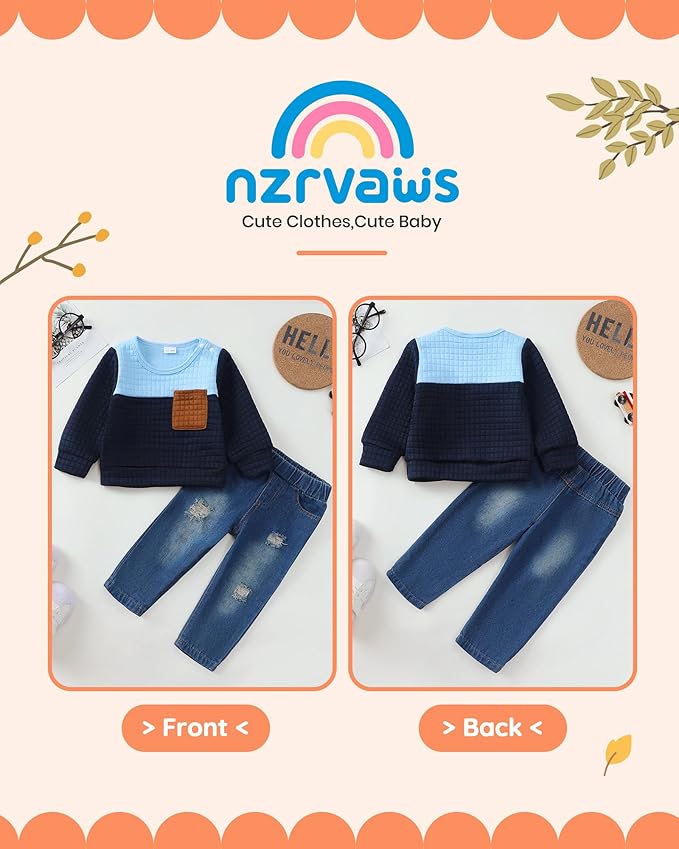 NZRVAWS Toddler Baby Boy Clothes Pullover Sweater Ripped Jean Sweatsuit Little Boy Outfit Fall Winter Clothing Set 6M-7T