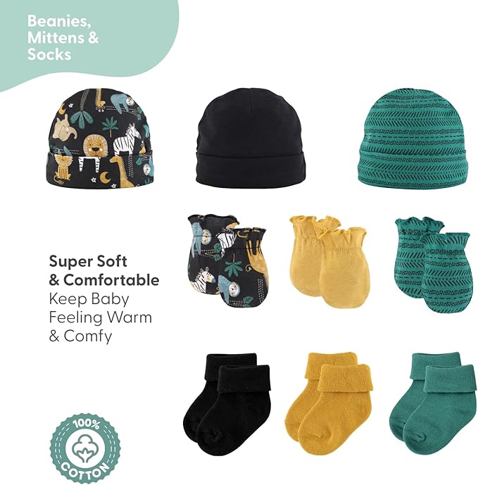 The Peanutshell Baby Layette Gift Set for Baby Boys - 16 Piece Boy Baby Clothes Newborn to 9 Months - King of the Jungle