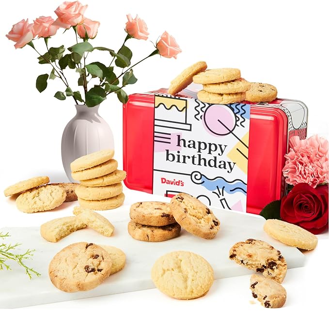 David’s Cookies Happy Birthday Shortbread Cookies Gift Tin – Original and Chocolate Chip Shortbread in Sweet Sampler – Gourmet Dessert Bakery Gift for Birthday Party Celebrations and Special Occasions
