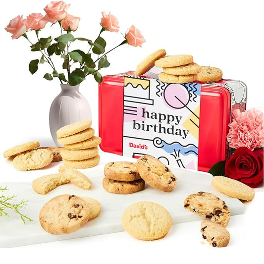 David’s Cookies Happy Birthday Shortbread Cookies Gift Tin – Original and Chocolate Chip Shortbread in Sweet Sampler – Gourmet Dessert Bakery Gift for Birthday Party Celebrations and Special Occasions