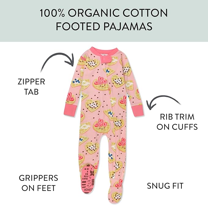 HonestBaby Non-Slip Footed Pajamas One-Piece Sleeper Zip-Front Pjs 100% Organic Cotton for Baby Girls