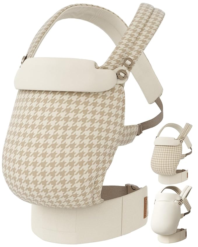 Reversible Baby Carrier, Khaki Solid & Houndstooth; Lightweight, Cooling & Breathable Lyocell Fabric; Ergonomic Lumbar Support and Quick Hands-Free Wear for Newborn to Toddler (7–44 lbs)