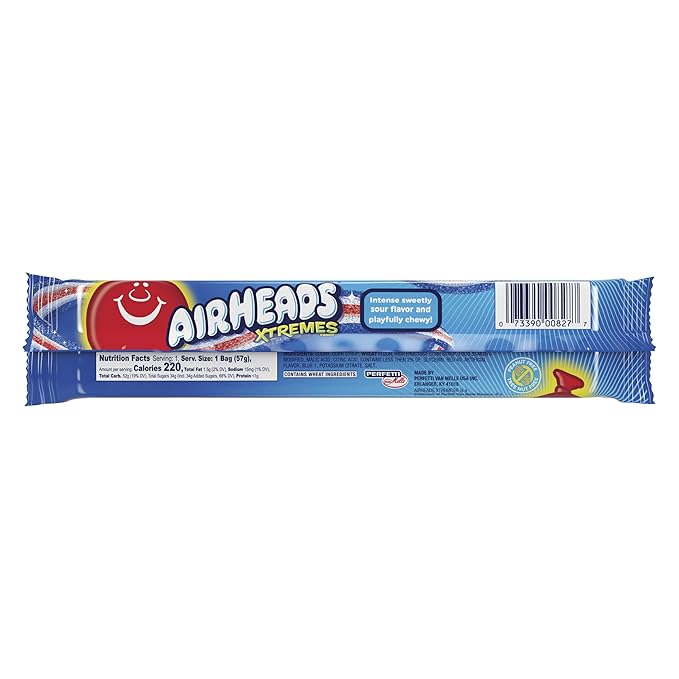 Airheads Xtremes Belts, Halloween Trick or Treat Sweetly Sour Candy, Bluest Raspberry, Non-Melting, Movie Theater, 2 oz, 18 Count (Pack of 1)