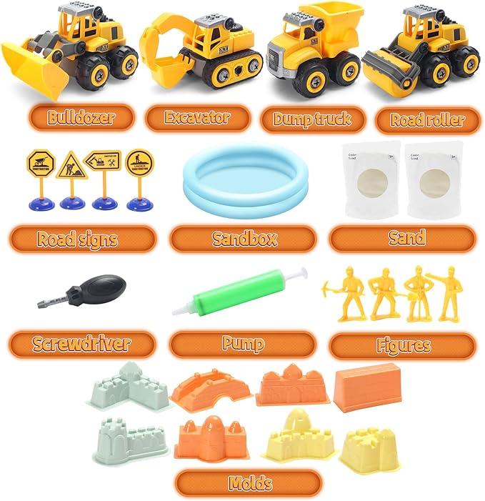 Play Construction Sand Kit,2.2lbs Magic Sand W/4 Large Take Apart Construction Trucks,1 Sandbox,8 Worker Figures and Road Signs,8 Molds,Toys for 2-8 Years Old Boys Girls