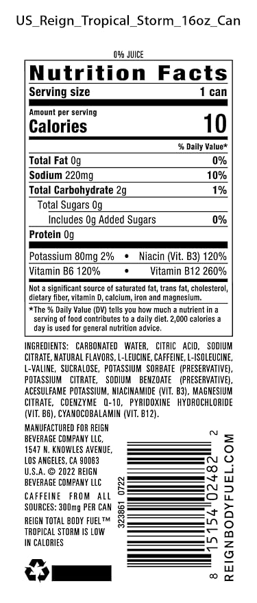 REIGN Total Body Fuel, Tropical Storm, Fitness & Performance Drink, 16 Fl Oz (Pack of 12)