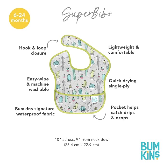 Bumkins Bibs for Girl or Boy, SuperBib Baby and Toddler 6-24 Months, Essential Must Have for Eating, Feeding, Baby Led Weaning Supplies, Mess Saving Catch Food, Waterproof Soft Fabric, Green Cactus