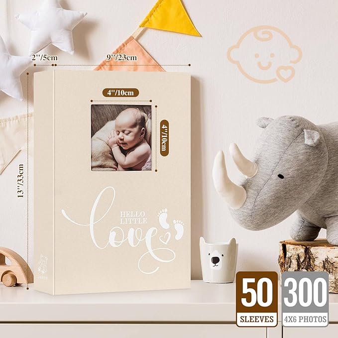 Lanpn Baby Photo Album 4x6 300 Pockets, Linen Hardcover Newborn Memory Book with Memo Writing Area, Bebe Photobook, Slip-in Picture Book, Ultrasound Album Keepsake Gifts for Girl Baby Shower Beige