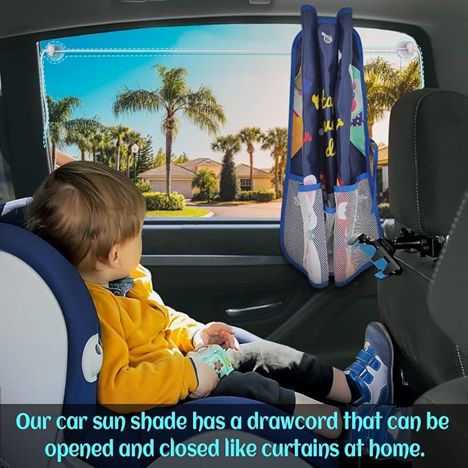 2 Pack Car Window Shade for Baby, Blackout Car Sun Shades with Storage Pockets, 7 Suction Cups, Blue, Cute Patterns for Sun/Heat/UV Rays Protection, Standard Passenger Cars