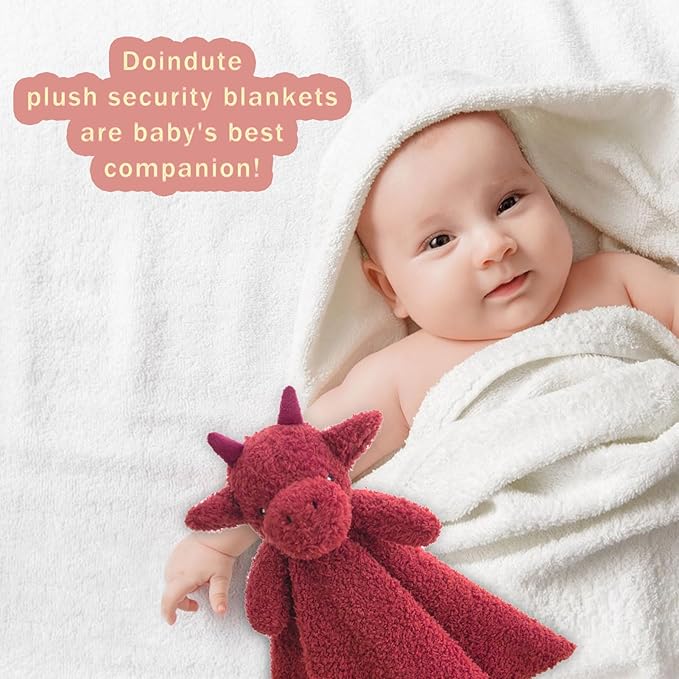 Baby Wine Red Dragon Stuffed Animal Security Blanket, Plush Dinosaur Character Lovey Blanket, Baby Shower/Nursery Gift, Newborn Infant Toddler Snuggle Blankie for Boys Girls, 14 Inches