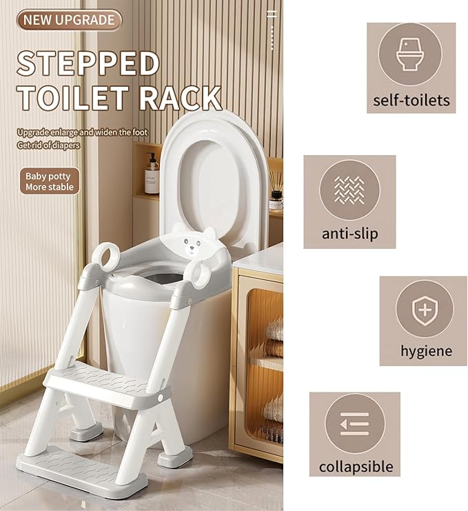 PandaEar Toilet Potty Training Seat with Step Stool Ladder, Comfortable Safe Potty Seat with Anti-Slip Pads Ladder & Bear Design for Kids Boys Toddlers -Grey