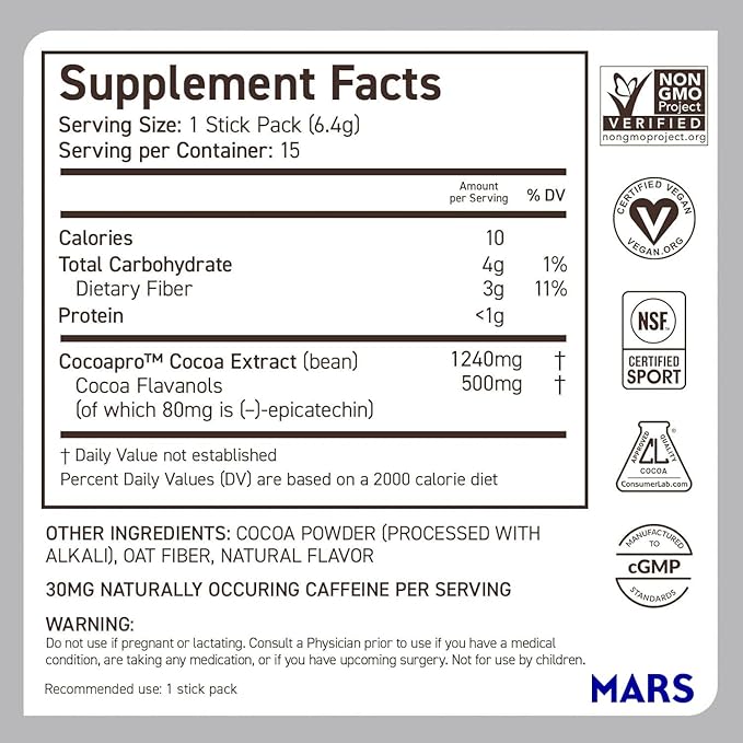 CocoaVia Cardio Health Cocoa Powder, 15 Single Serve Sticks, 500mg Cocoa Flavanols, Support Heart Health, Boost Nitric Oxide, Improve Circulation, Energy, Preworkout, Travel-Friendly, Vegan, Cacao