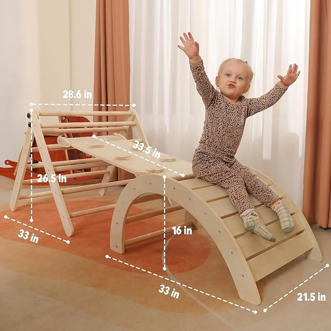 Pikler Triangle Set with Cushion Large, 5 in 1 Toddler Climbing Toys Indoor, Montessori Foldable Climbing Set for Kids, Wooden Playground Jungle Gym with Ramp, Arch and Ladder (Wooden Color)