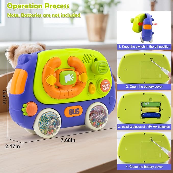 Ayyomo 3 in 1 Montessori Toys Bus, Light Up Baby Musical Toys for Toddlers 1-3 Year Old, Road Trip Busy Board for Car Seat Travel Essential, 2 Bell Wheel Sensory Toys, Birthday Gift for Boy Girl Kid