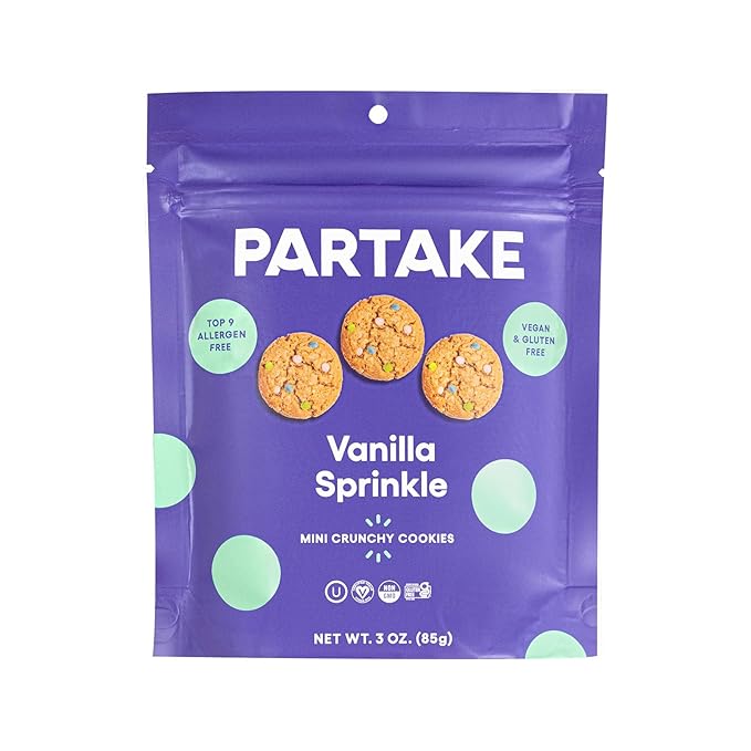 Partake Gluten Free Crunchy Chocolate Chip & Vanilla Sprinkle Cookies Variety Pack - Vegan - Free From the Top 9 Allergens Including Dairy, Wheat, Soy, Eggs, & Peanuts - Non GMO - Safe School & Office Snack (4 Pack, 4oz Resealable Bags)