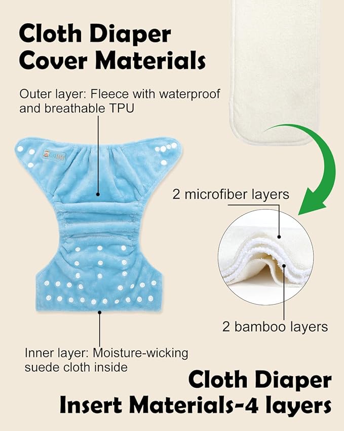 ALVABABY 6 Pack Baby Cloth Diapers Warm for Autumn and Winter with 6pcs 4-Layers Rayon from Bamboo Inserts,Cloth Diaper Covers Adjustable Washable Reusable for Baby Girls and Boys 6BMR01