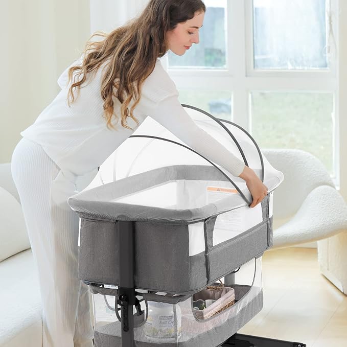 Ihoming Bassinet Bedside Sleeper for Baby, 3 in 1 Convertible Design, lnfant Bed Side Sleeper & Cradle Bassinets, Newborn Bedside Crib Attaches to Bed, Deep Grey