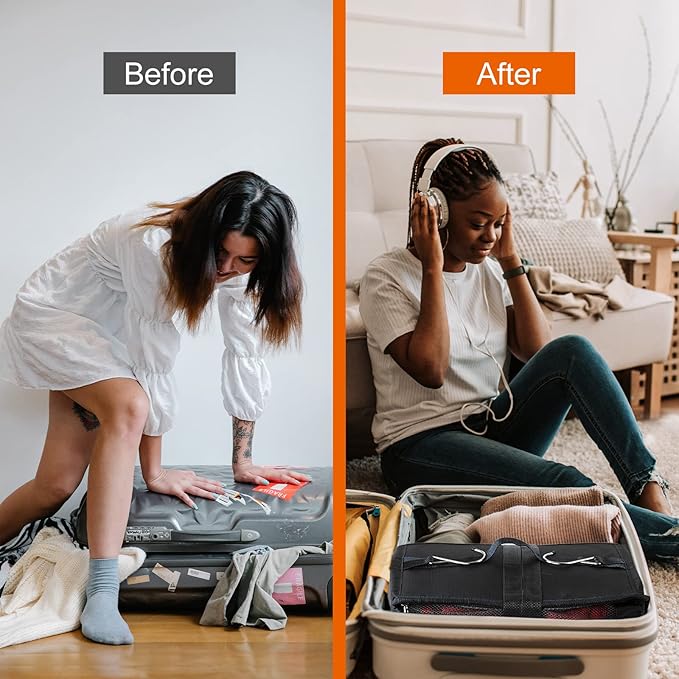 TABITORA Travel Portable Hanging Shelves Closet Organizer Packing Luggage Storage with Multifunctional and Foldable Invisible Compartment,Lightweight, for Suitcase, RV,Closet…Black,XXL