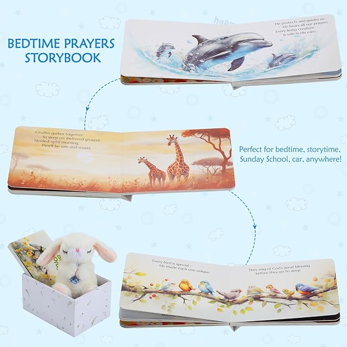 Baptism Gifts for Boys and Newborn Baby, 7" Praying Bunny Plush Toy and Bedtime Blessing Book in Keepsake Gift Box, Christening Gifts Set, Ideal Easter Gifts for Kids