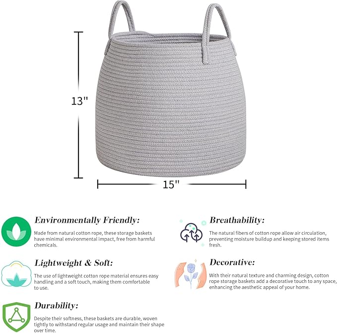 Nursery Laundry Basket | Kids Hamper for Blankets, Pillows,Toys (15"x 13")| Baby Toy Basket | Nursery Storage for Boho Room Decor | Ideal Gift for Baby Showers| Grey