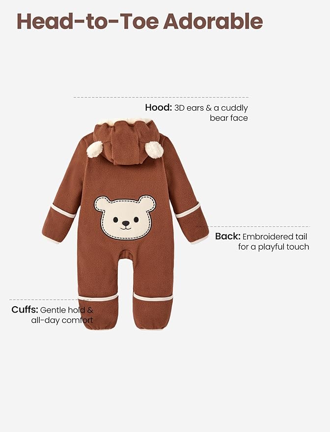 PATPAT Fleece Hooded Footed Romper Clothes, Soft Warm Footie Covers, Car Seat Friendly, Easy Zip, Cute Boy Girl