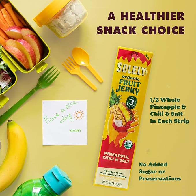 SOLELY - Organic Spicy Pineapple Chili and Salt Fruit Jerky - 12 Individually Wrapped Strips - Fruit Leather Made from Dried Fruit - Healthy Snacks for Adults & Kids - Vegan Snacks - 0.8oz (23g)