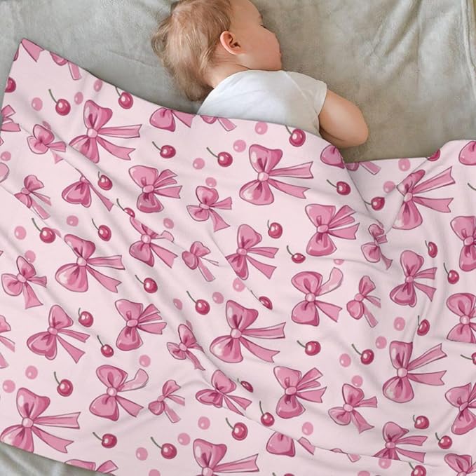 Baby Blanket Pink Bow Pattern Cherry for Boy Girl Newborn 30x40 Inch Toddler Infant Nursery Throw Blankets Double Layer Comfy Soft Plush Stroller Crib Quilt