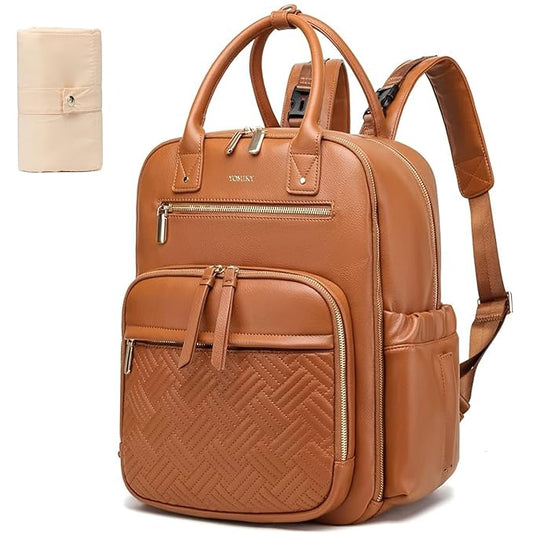 Leather Diaper Bag Backpack for Women with Multiple Pockets,Laptop Compartment and Changing Pad.