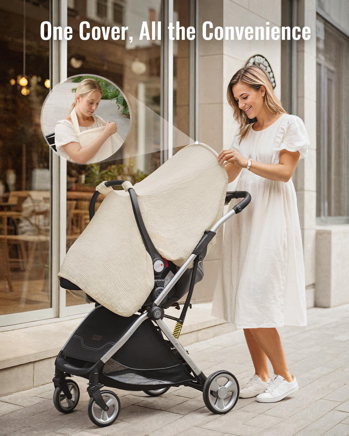 Blissful Diary Baby Car Seat Cover, Extra Large Mesh Window, Breathable Muslin Cotton, Infant Windproof Canopy, Must-Have Baby Gift - Roman Green