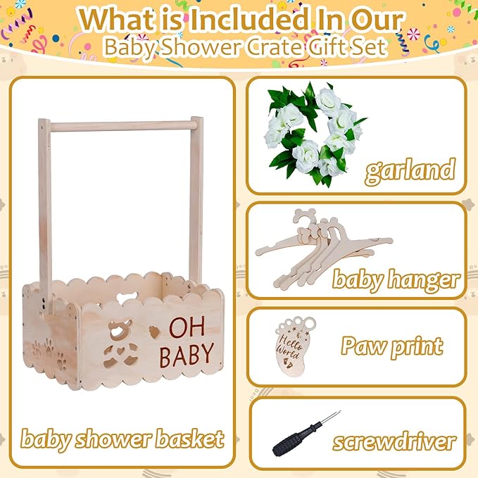 Wooden Baby Shower Crate Closet with Handle,Storage Basket,Baby Clothes Hangers, Newborn Boy Girl Welcome Gift Basket,Easy Assembly Baby Baskets for Baby Shower
