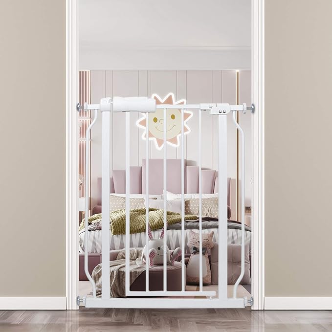 Narrow Walk Through Baby Gate 24.02-29.13 Inch Wide Auto Close Tension White Metal Child Pet Indoor Safety Gates Pressure Mounted for Stairs& Doorways (24.02"-29.13"/61-74CM, White)