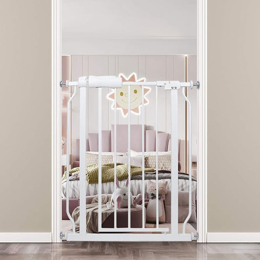 Narrow Walk Through Baby Gate 24.02-29.13 Inch Wide Auto Close Tension White Metal Child Pet Indoor Safety Gates Pressure Mounted for Stairs& Doorways (24.02"-29.13"/61-74CM, White)