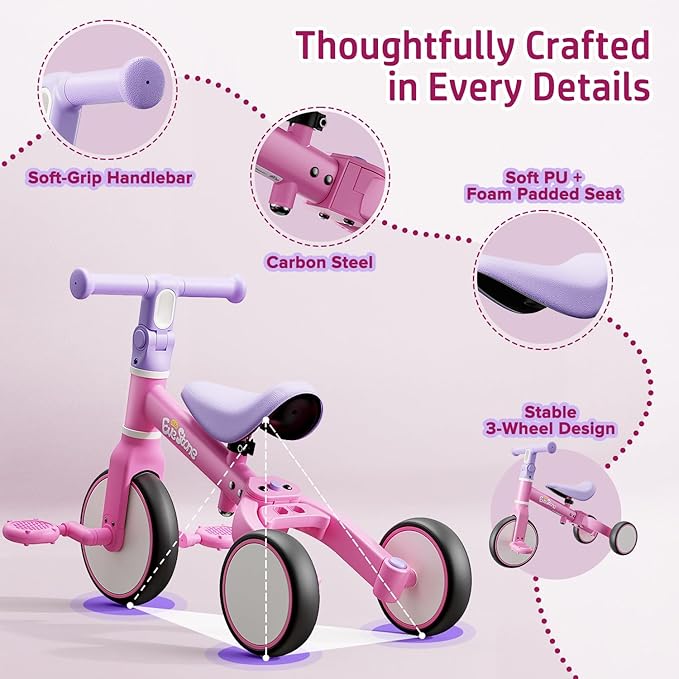 5-in-1 Toddler Balance Bike & Tricycle, Learn-to-Ride Toy for 18 Months to 4 Years, Outdoor & Indoor Ride-On for Gross Motor Skills, Birthday Gift Bike for Girls 2-4 Year Olds – Pink