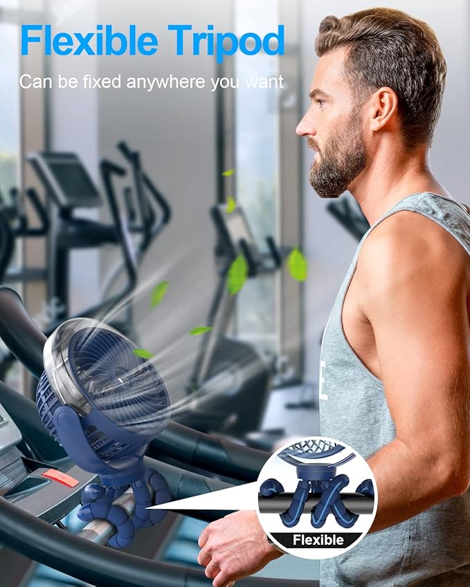 Misting Stroller Portable Fan, 6000mAh Battery Operated Fan with 3-Speed, 360° Rotation, LED Light, Flexible Tripod for Baby, Dark Blue