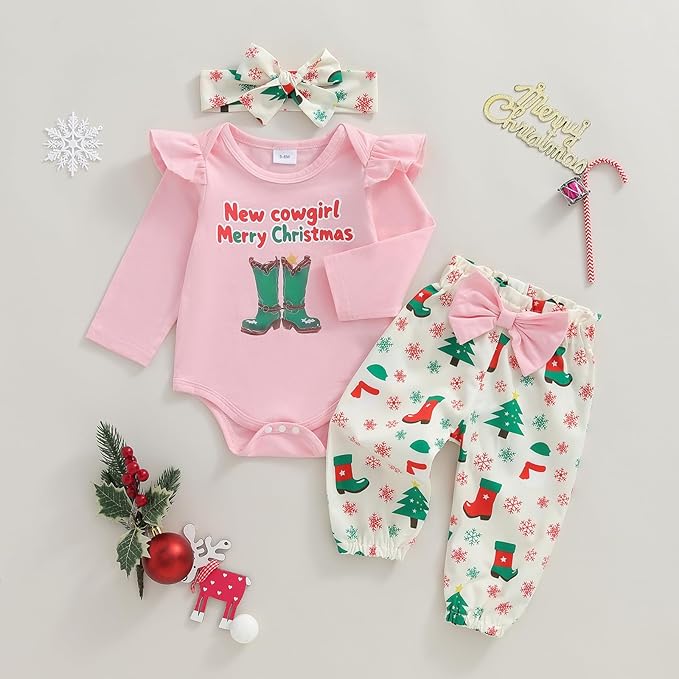 Fernvia Western Newborn Baby Girl Clothes Long Sleeve Letter Print Romper Animal Print Pants Headband 3Pcs Outfits Sets