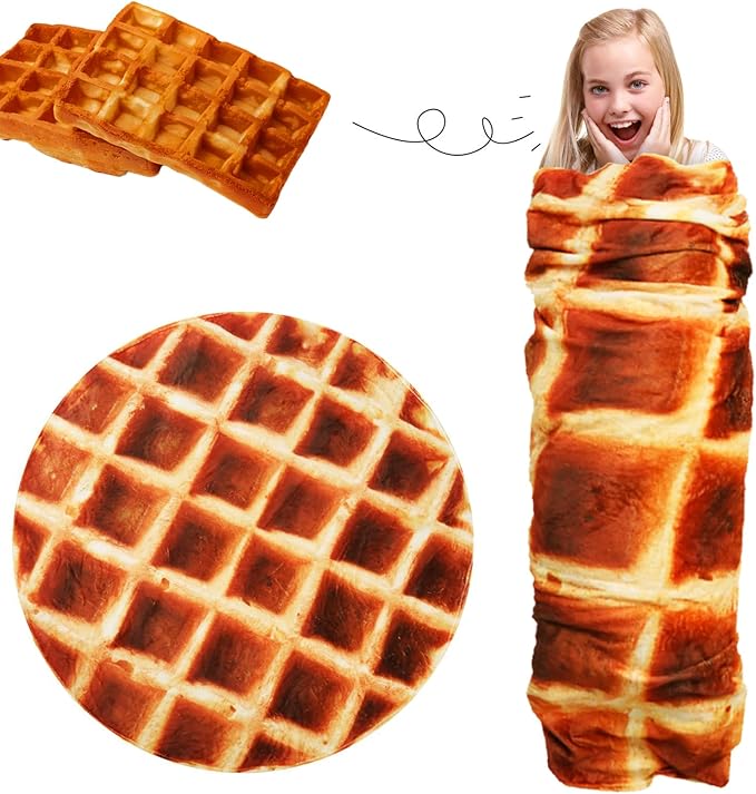 Waffle Blanket for Teen Kids, 60 inch Food Blanket for Funny Gifts, Round Throw Blanket, Warm Soft Flannel Funny for Bed/Office/Travel