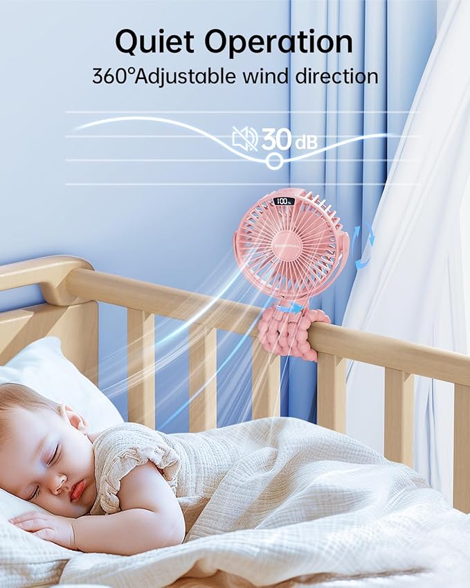 SWEETFULL Portable Stroller Fan with Display 4000mAh Battery Powered Mini Clip On Fan, 4-Speed Rechargeable Small Personal Cooling for Baby Car Seat Crib Travel - Pink