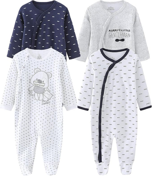 Baby Boys Girls Footies One-Piece Romper Long-Sleeve Jumsuit Cotton Newborn Clothes Set 4-Pack, Baby Pajamas