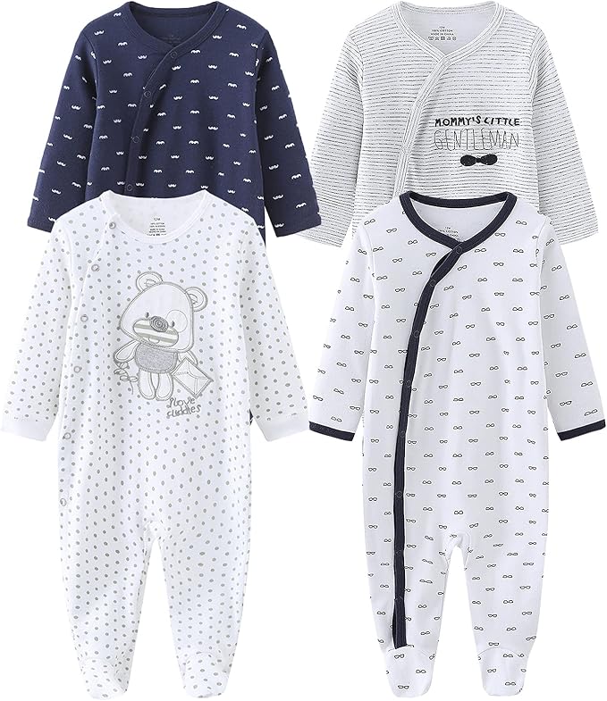 Baby Boys Girls Footies One-Piece Romper Long-Sleeve Jumsuit Cotton Newborn Clothes Set 4-Pack, Baby Pajamas