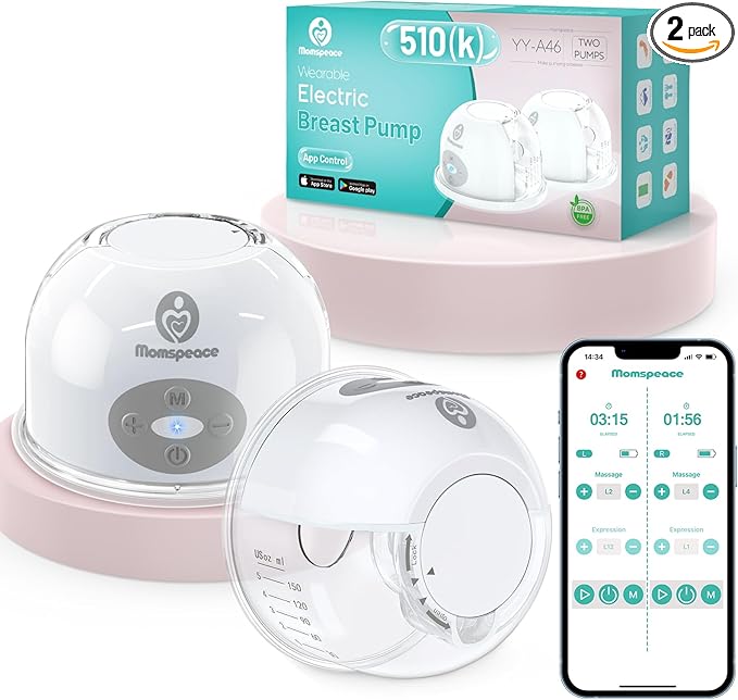 Breast Pump Hands Free with APP for Busy Moms, Momspeace Upgraded Portable Electric Breast Pumps, Discreet Pumping Anywhere, Anti-Backflow, Safe, Double Breast Pumps for Breastfeeding, 24mm, 2 Pack