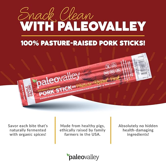 Paleovalley Pasture-Raised Pork Sticks - Maple Bacon Flavor Meat Sticks Individually Wrapped, 28g - 10 Sticks - Gluten-Free Protein Snack