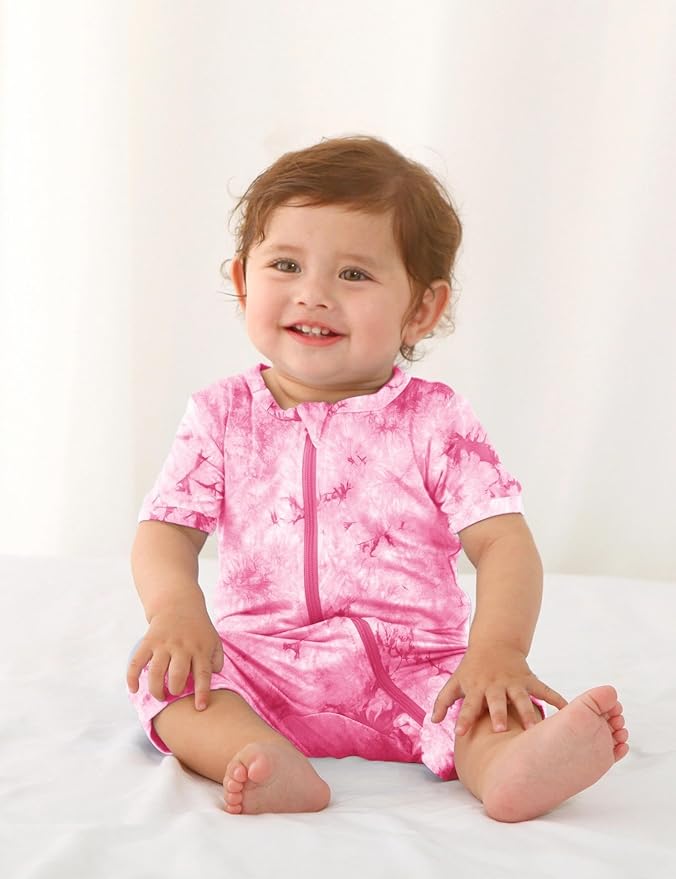 Jimonda Baby Girl Boys Rayon From Bamboo Pajamas 3 Pack Short Sleeve Footless Romper 2 Way Zipper Tie Dye Pjs Sleeper 0-24M