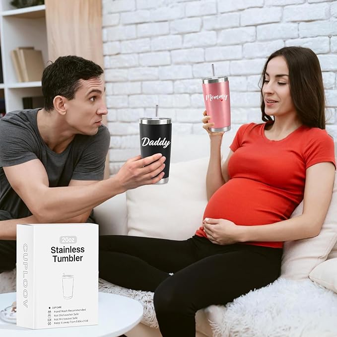 Pregnancy Gifts for New Parents 20 Oz Mom and Dad Tumbler Set for First Time Moms Dads Expecting Parents to Be Mother's Day Father's Day Baby Shower Gender Reveal Presents Xmas Gifts(Rose Gold&Black)