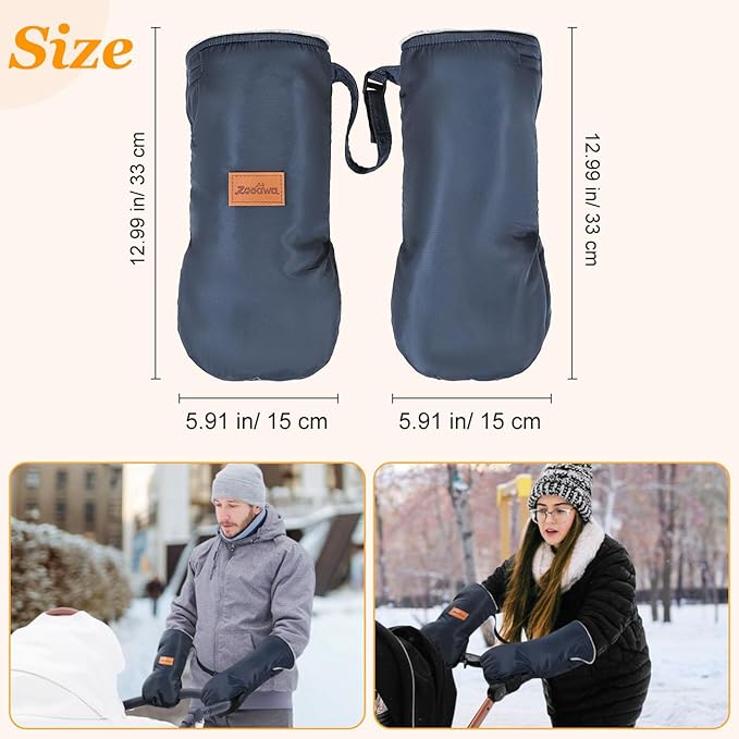Zooawa Stroller Gloves, Universal Stroller Hand Muff with Warm Polar Fleece, Baby Stroller Gloves with Vel-cro Design, Waterproof and Snowproof Stroller Mittens for Stroller Accessories, Indigo