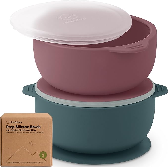 KeaBabies 2-Pack Baby Bowls with Suctions, Lids - Silicone Toddler Suction Bowls for Baby Boy, Girl, Kids, Dog, Food Grade Silicone, BPA-Free, Dishwasher Safe, Toddler Eating Essentials (Rocky)