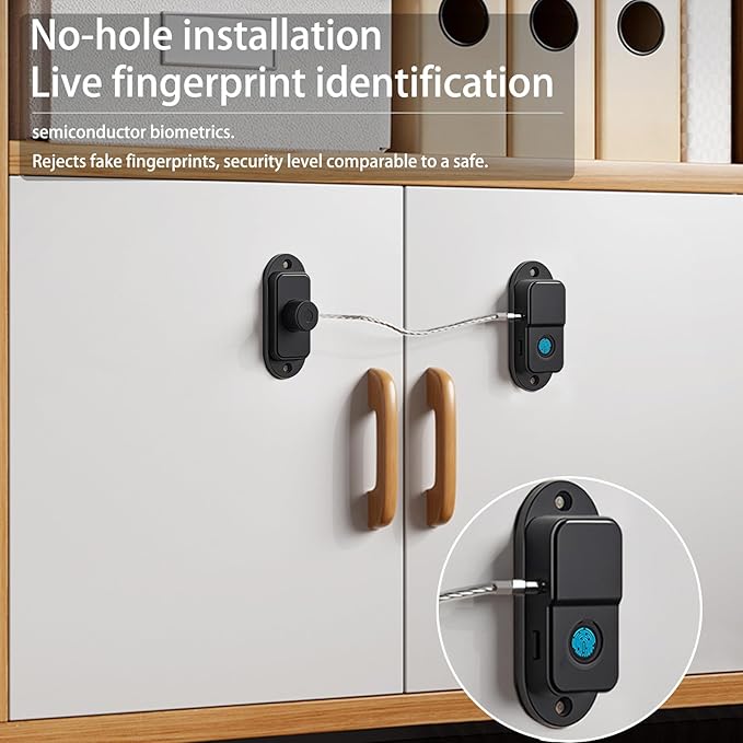 Fingerprint Fridge Lock, Refrigerator Lock with Fingerprint, for Fridge, Cabinet Locks, Drawers, Dishwasher, Toilet and Cabinet Locks Baby Proofing, 3M Adhesive No Drilling (Black)