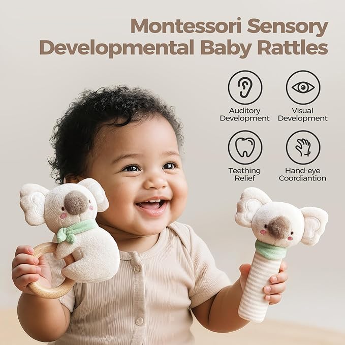 Evoceler 2 PCS Koala Rattles & Shaker Toys with Embroidered Details, Wooden Teething Ring Baby Toys, BPA-Free Sensory Toys for 0-3-6-12 Months, Squeaky Infant Toy, Ideal Baby Shower Boy Girl Gift