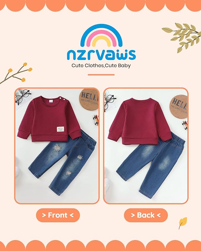 NZRVAWS Toddler Baby Boy Clothes Pullover Sweater Ripped Jean Sweatsuit Little Boy Outfit Fall Winter Clothing Set 6M-7T